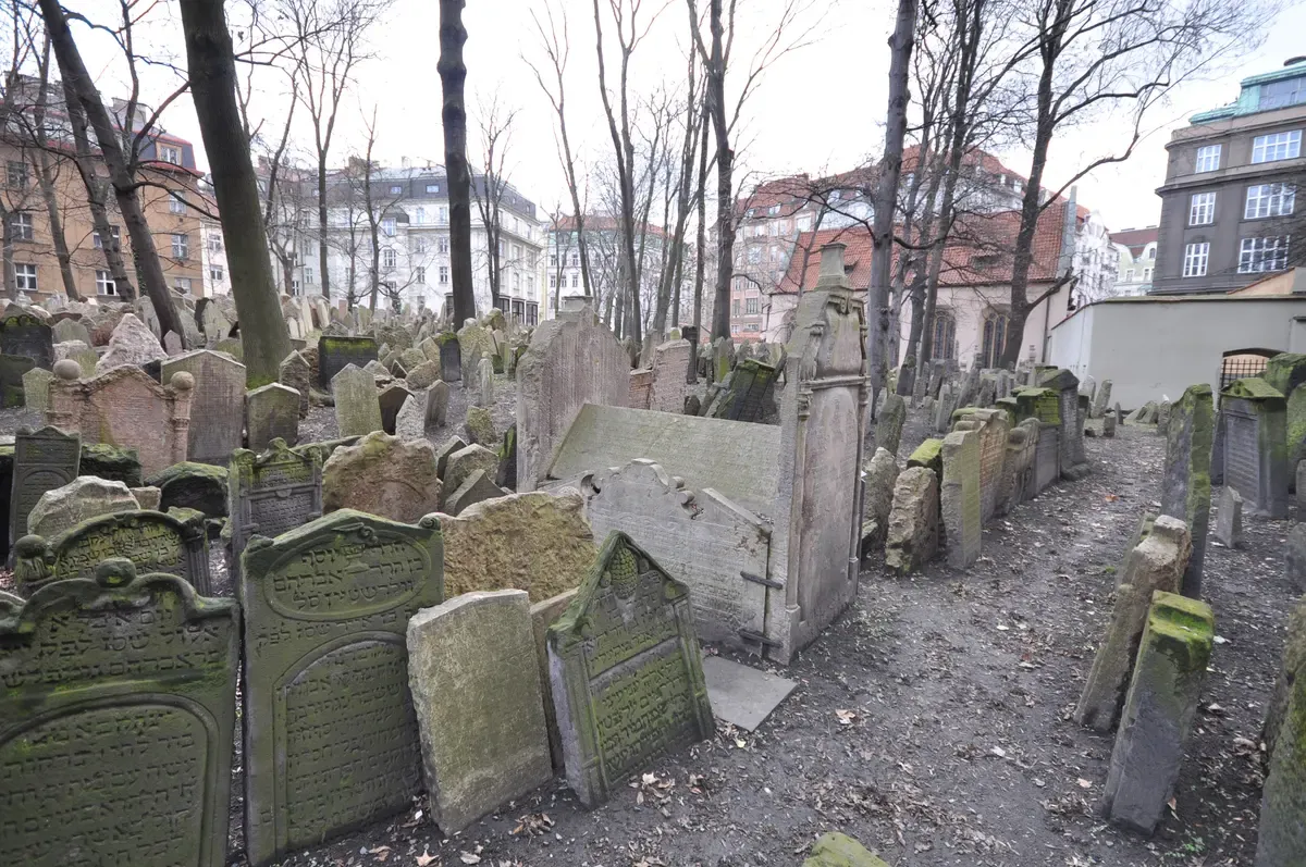 Crowded leaning gravestones in the Old Jewish Cemetery on a Prague Jewish Quarter tour