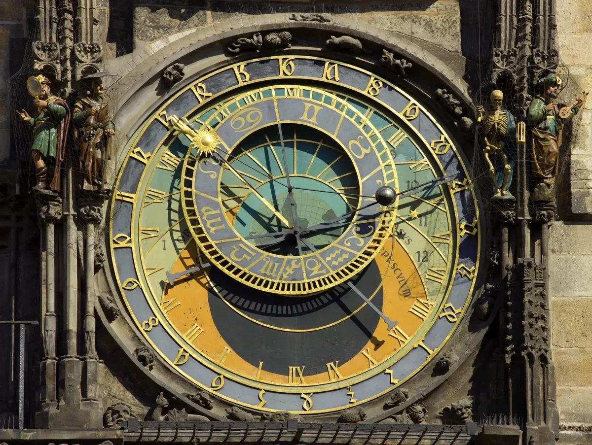 Astronomical dial of the Prague clock seen on a Prague Jewish Quarter tour through Old Town